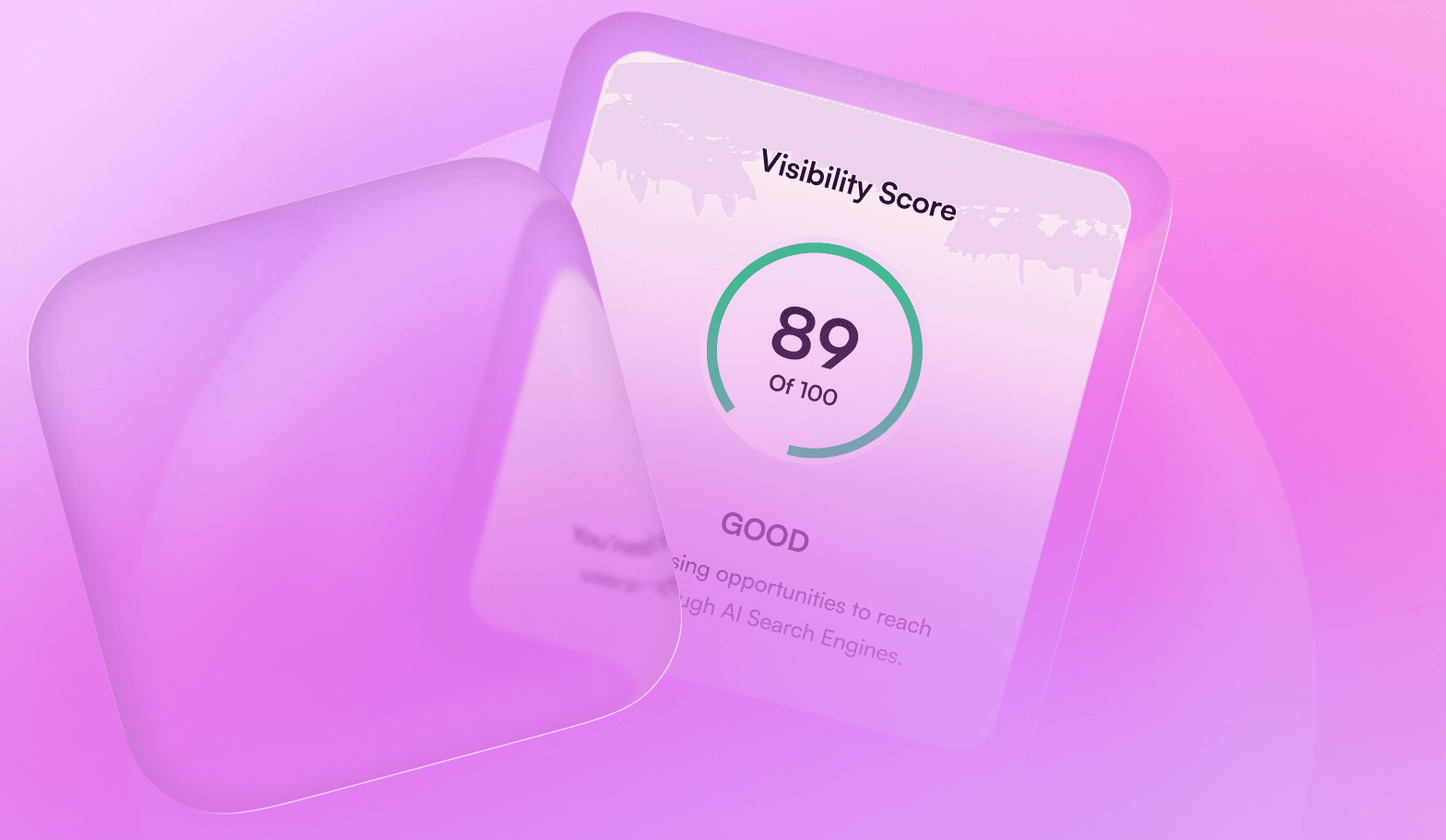 Dashboard showing an AI Visibility Score gauge with category breakdown for technical readiness, content clarity, trust, and AI presence